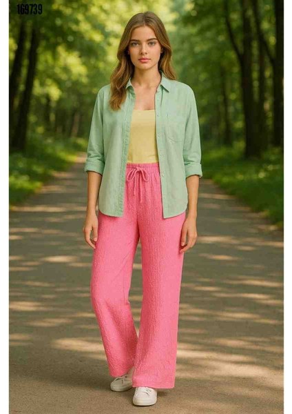 Kadın Beli Lastikli Bol Paça Pantolon, Kırmızı Gül Figürlü Kolye Hediye fiyatları