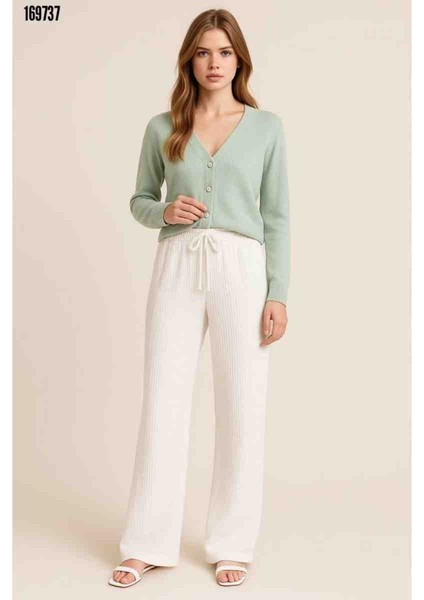 Kadın Beli Lastikli Bol Paça Pantolon, Kırmızı Gül Figürlü Kolye Hediye