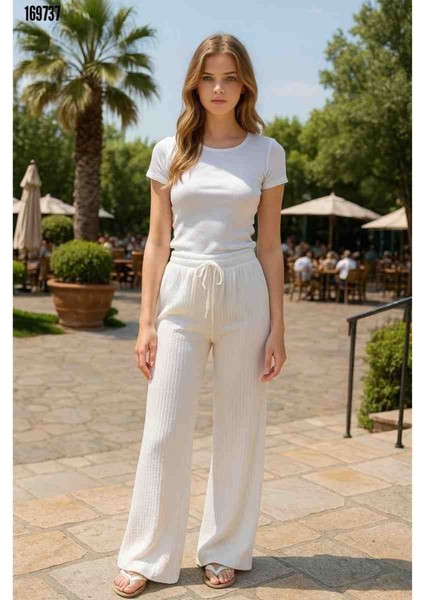 Kadın Beli Lastikli Bol Paça Pantolon, Kırmızı Gül Figürlü Kolye Hediye fırsatları