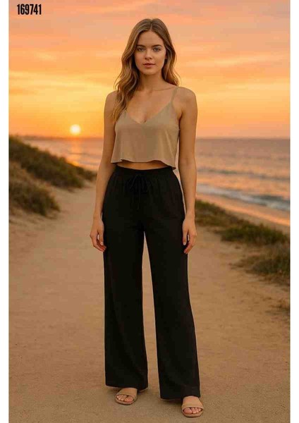 Kadın Beli Lastikli Bol Paça Pantolon, Kırmızı Gül Figürlü Kolye Hediye