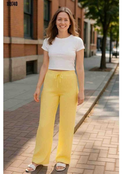 Kadın Beli Lastikli Bol Paça Pantolon, Kırmızı Gül Figürlü Kolye Hediye