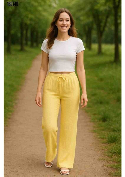 Kadın Beli Lastikli Bol Paça Pantolon, Kırmızı Gül Figürlü Kolye Hediye fırsatları