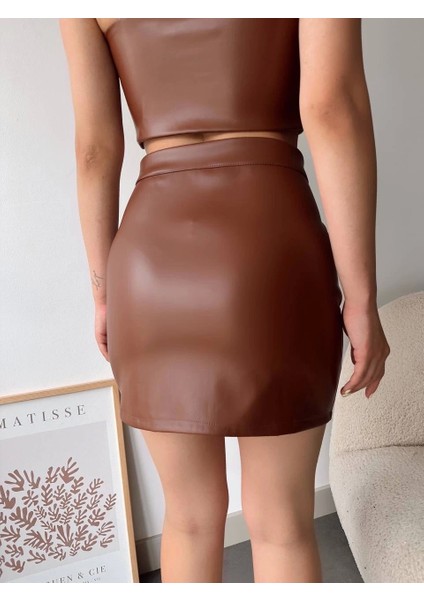 Dantelli Fermuarlı Deri Etek Kahve W24598 fiyatları