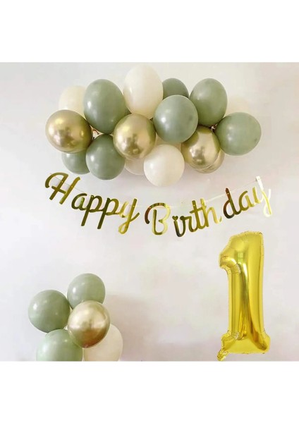 1 Yaş Küf Yeşili Deniz Kumu ve Gold Balonlu Konsept Doğum Günü Seti