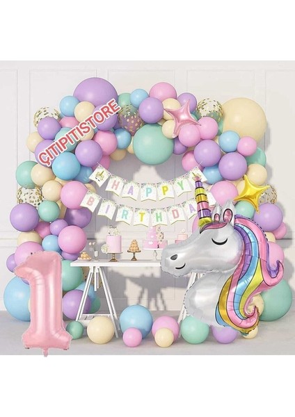 1 Yaş 100 Makaron Renk Balon Unicorn Temalı Lüks Doğum Günü Konsepti Parti Seti