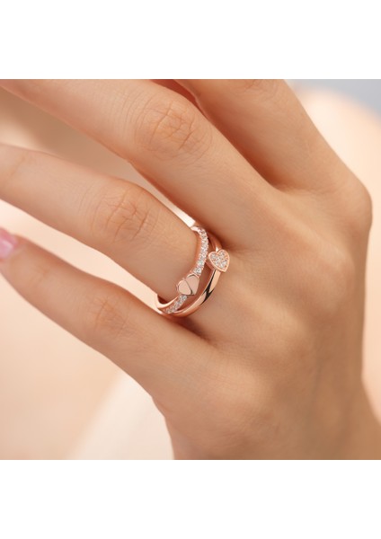 925 Ayar Rose Kaplama Zirkon Taşlı Çift Kalpli Gümüş Yüzük