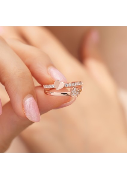925 Ayar Rose Kaplama Zirkon Taşlı Çift Kalpli Gümüş Yüzük fiyatları