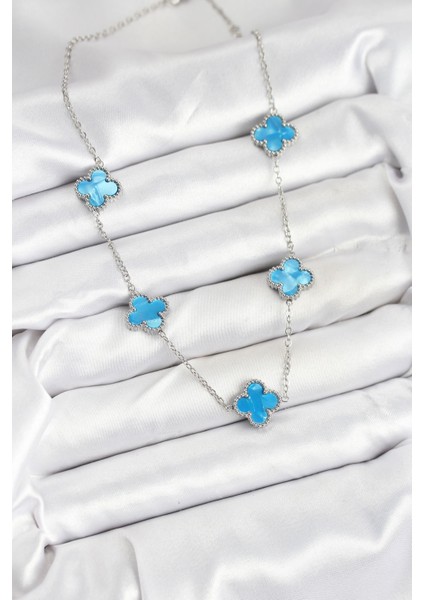 Zarif Kadın Için Silver Çelik Buz Mavisi Yonca Zincir Kolye
