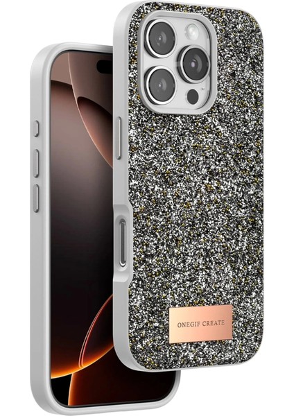 iPhone 16 Pro Max Bright Simli Kapak - GÜMÜŞ-(5796)
