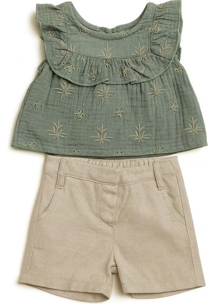 Müslin Kumaş Şortlu 2' Li Takım Ökseotu Desenli Gri - Beli Düğmeli ve Lastikli