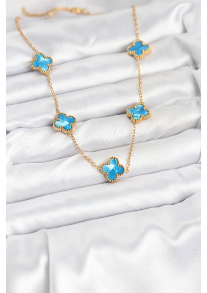 Zarif Kadın Için Golden Çelik Buz Mavisi Yonca Zincir Kolye