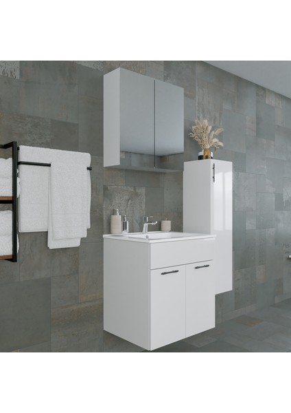 Regnum-L 65 cm Etajerli Lavabolu ve Havlu Dolaplı Banyo Dolabı Takımı Parlak Beyaz MDF Lam fiyatları