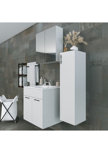 Regnum-L 65 cm Etajerli Lavabolu ve Havlu Dolaplı Banyo Dolabı Takımı Parlak Beyaz MDF Lam fırsatları