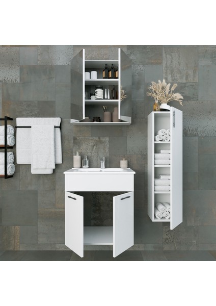 Regnum-L 65 cm Etajerli Lavabolu ve Havlu Dolaplı Banyo Dolabı Takımı Parlak Beyaz MDF Lam modelleri