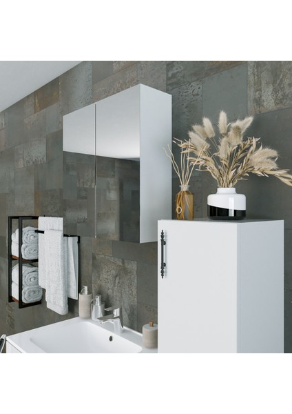 Regnum-L 65 cm Etajerli Lavabolu ve Havlu Dolaplı Banyo Dolabı Takımı Parlak Beyaz MDF Lam indirimleri