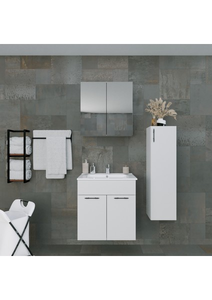 Regnum-L 65 cm Etajerli Lavabolu ve Havlu Dolaplı Banyo Dolabı Takımı Parlak Beyaz MDF Lam