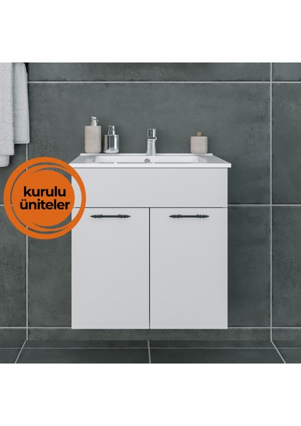 Regnum-S 65 cmEtajerli Lavabolu Lavabo Dolabı Parlak Beyaz MDF Lam