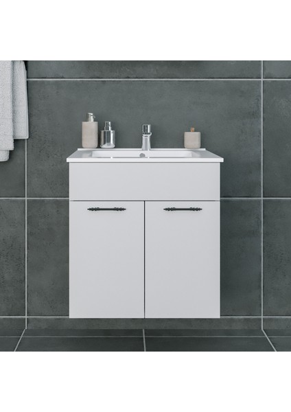 Regnum-S 65 cmEtajerli Lavabolu Lavabo Dolabı Parlak Beyaz MDF Lam indirimleri