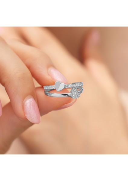 925 Ayar Rodyum Kaplama Zirkon Taşlı Çift Kalpli Gümüş Yüzük