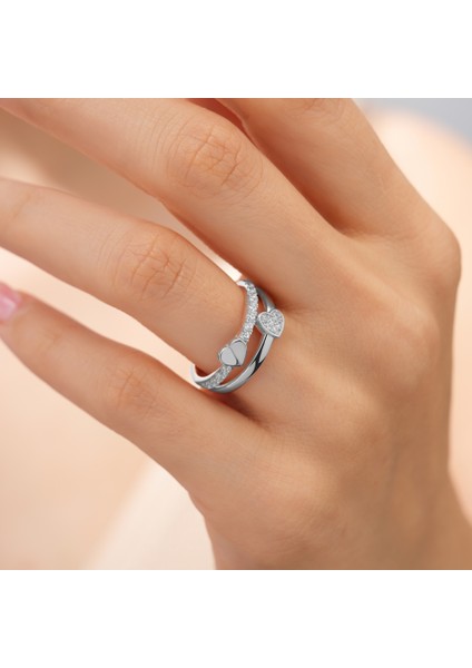 925 Ayar Rodyum Kaplama Zirkon Taşlı Çift Kalpli Gümüş Yüzük fiyatları