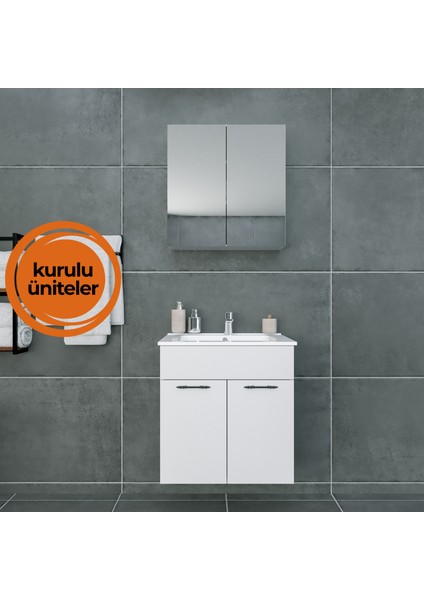 Regnum 65 cm Etajerli Lavabolu Banyo Dolabı Takımı Parlak Beyaz MDF Lam