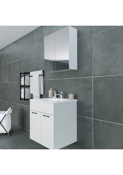 Regnum 65 cm Etajerli Lavabolu Banyo Dolabı Takımı Parlak Beyaz MDF Lam fırsatları