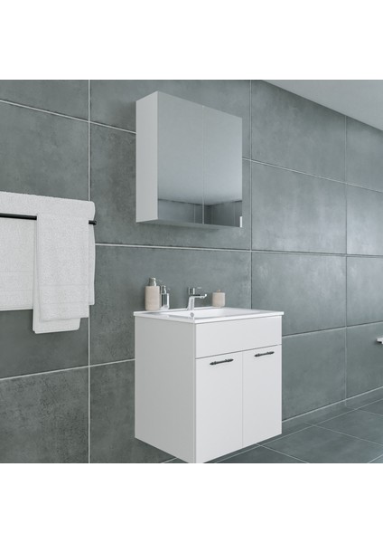 Regnum 65 cm Etajerli Lavabolu Banyo Dolabı Takımı Parlak Beyaz MDF Lam indirimleri