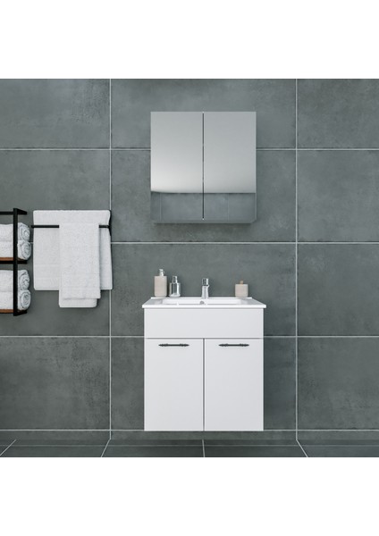Regnum 65 cm Etajerli Lavabolu Banyo Dolabı Takımı Parlak Beyaz MDF Lam