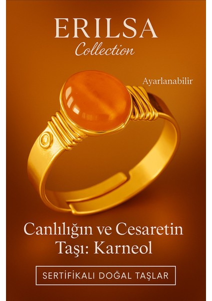 Sertifikalı Kalın Tımbıl Gold Model Karneol - Karnelyan Turuncu Akik Taşı Yüzük - Ayarlamalı