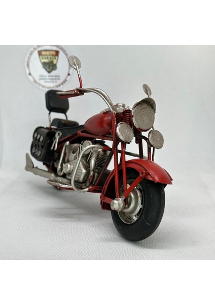 El Yapımı Kırmızı Chopper/cruiser Metal Motosiklet Biblosu – Siyah Yan Çantalı & Sissy Barlı