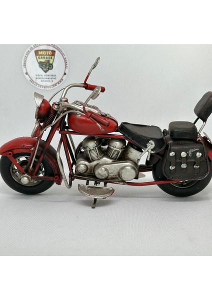 El Yapımı Kırmızı Chopper/cruiser Metal Motosiklet Biblosu – Siyah Yan Çantalı & Sissy Barlı