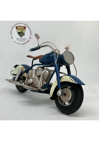 El Yapımı Mavi & Krem Cafe Racer Metal Motosiklet Biblosu – Deri Koltuk Görünümlü