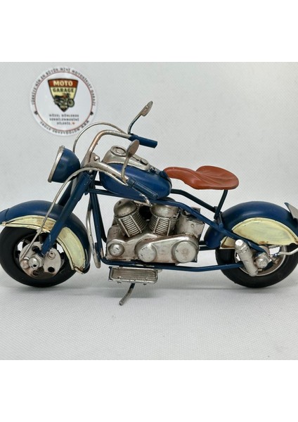 El Yapımı Mavi & Krem Cafe Racer Metal Motosiklet Biblosu – Deri Koltuk Görünümlü