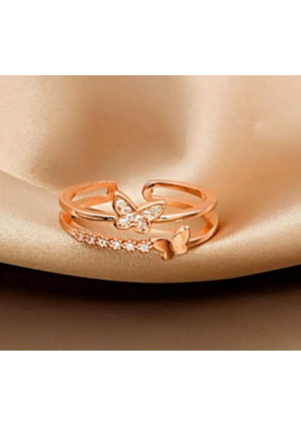 925 Ayar Rose Gold Kaplama Zirkon Taşlı Kelebek Gümüş Yüzük