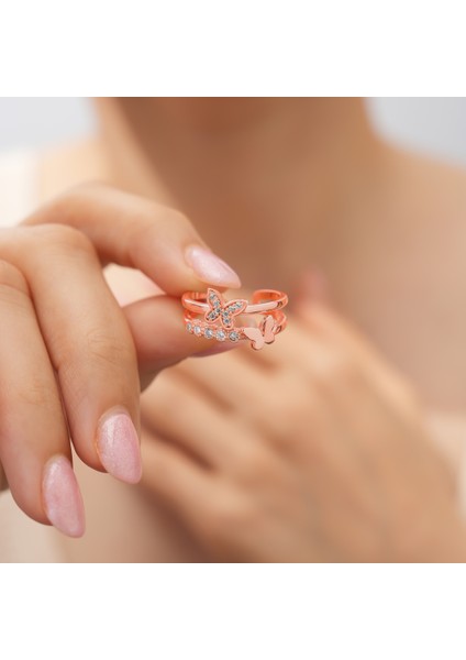 925 Ayar Rose Gold Kaplama Zirkon Taşlı Kelebek Gümüş Yüzük modelleri