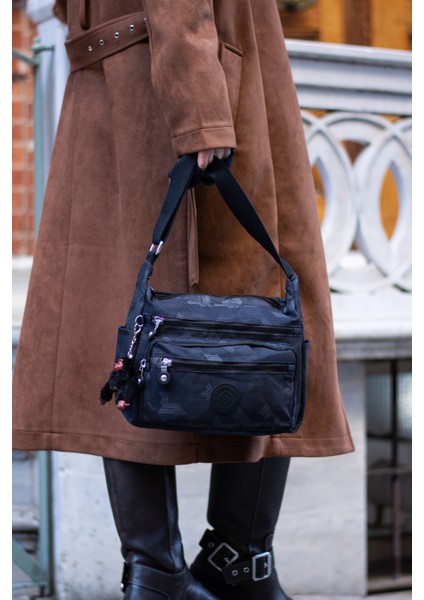 Çok Cepli Çapraz Askılı Kadın Omuz Çantası Orta Boy Günlük HV3010 Siyah Desenli