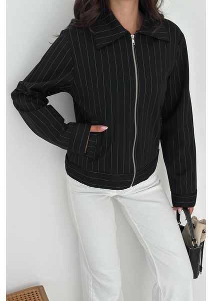 Kadın Metal Fermuarlı Çizgili Ceket – Şehirli & Zamansız Stil fiyatları