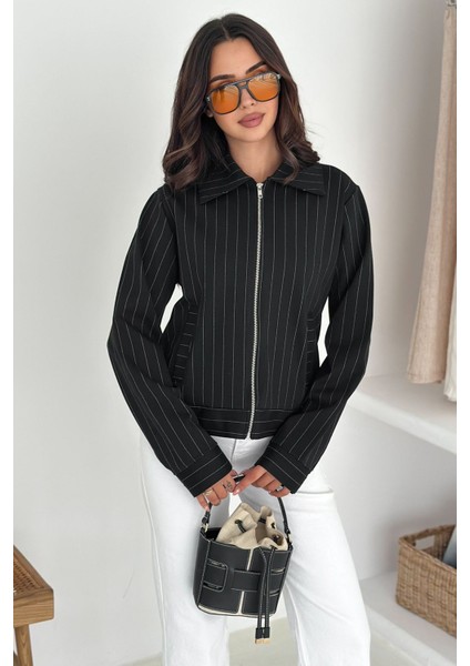 Kadın Metal Fermuarlı Çizgili Ceket – Şehirli & Zamansız Stil fırsatları