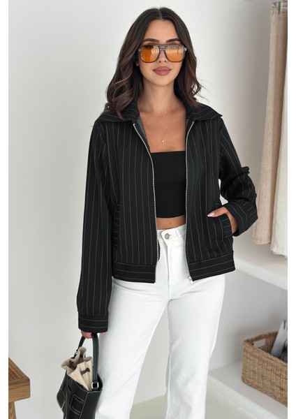 Kadın Metal Fermuarlı Çizgili Ceket – Şehirli & Zamansız Stil indirimleri