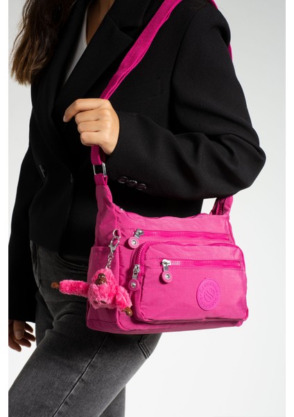 Çok Cepli Çapraz Askılı Kadın Omuz Çantası Orta Boy Günlük HV3010 Fuşya