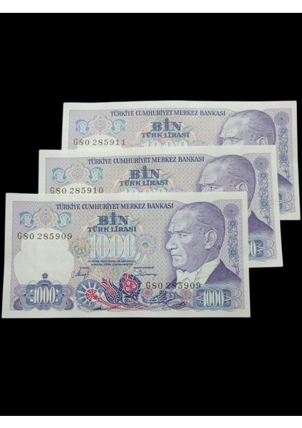 7. Emisyon 3 Adet Sıralı 1000 Türk Lirası Kağıt Koleksiyon Para . Numismatik, Antikalar, Hobi Hediye