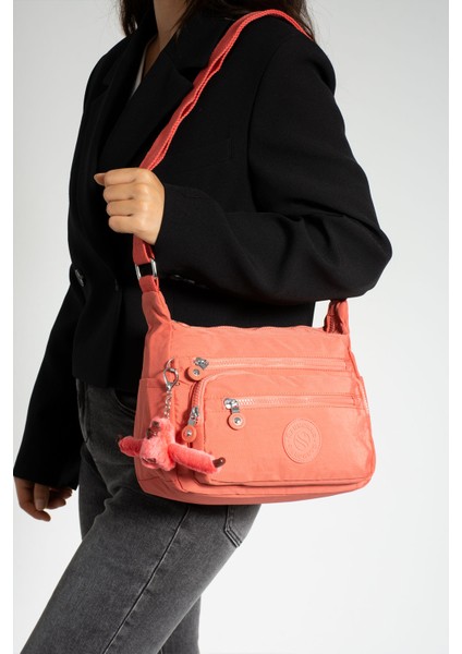 Çok Cepli Çapraz Askılı Kadın Omuz Çantası Orta Boy Günlük HV3010 Koyu Pembe