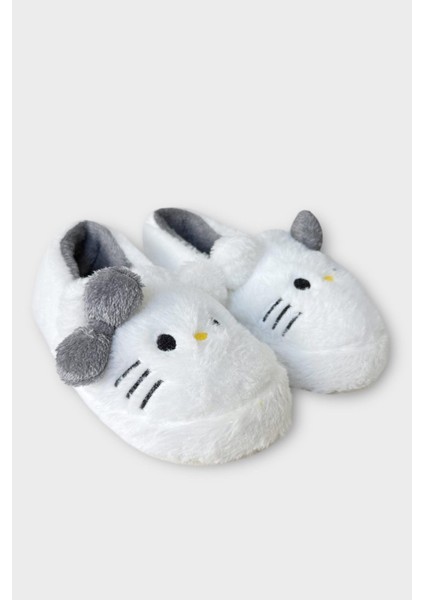 Kışlık Kadın Hellokitty Figürlü Kaydırmaz Taban Ev Ayakkabısı Panduf Beyaz - Füme modelleri