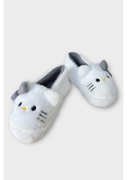 Kışlık Kadın Hellokitty Figürlü Kaydırmaz Taban Ev Ayakkabısı Panduf Beyaz - Füme fırsatları
