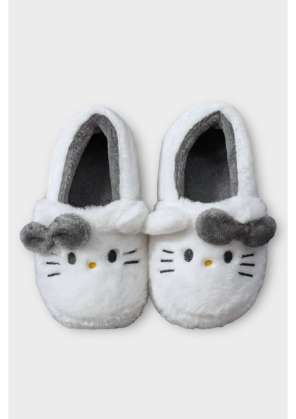 Kışlık Kadın Hellokitty Figürlü Kaydırmaz Taban Ev Ayakkabısı Panduf Beyaz - Füme indirimleri