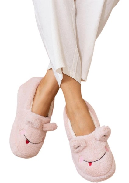 Kışlık Kadın Panduf Ev Ayakkabısı | Kurbağa Figürlü | Kaydırmaz Taban Pudra