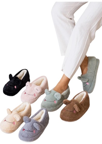 Kışlık Kadın Panduf Ev Ayakkabısı | Kurbağa Figürlü | Kaydırmaz Taban Pudra indirimleri