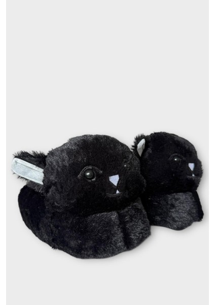 Kadın Sevimli Kedi Figürlü Peluş Panduf Siyah