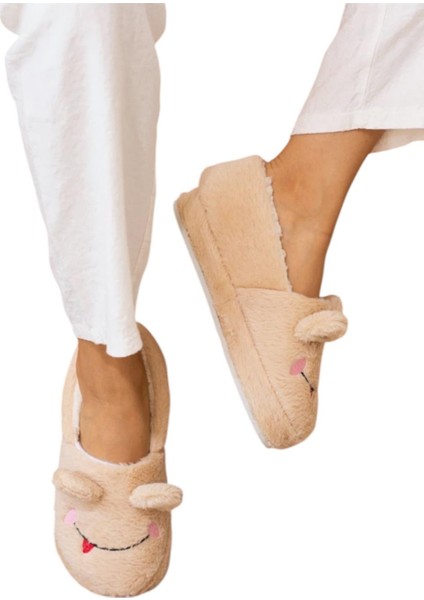 Kadın Panduf Kaydırmaz Tabanlı Bej Kurbağa Figürlü Kışlık Ev Ayakkabısı fırsatları