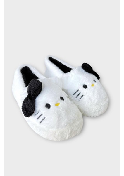 Kışlık Kadın Hellokitty Figürlü Kaydırmaz Taban Ev Ayakkabısı Panduf Beyaz - Siyah modelleri